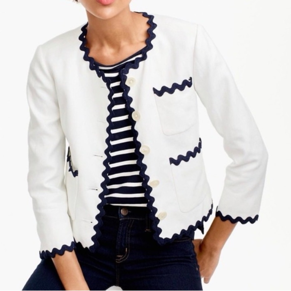 J. Crew White Jacket with Navy Rick Rack Trim- Preppy